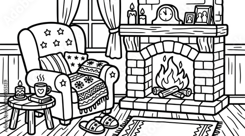 Cozy line art living room with armchair fireplace burning logs slippers cup candle warm atmosphere