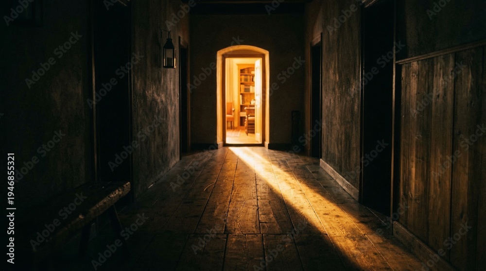 Obraz premium Mysterious dark hallway with light beam from an open door, old wooden interior
