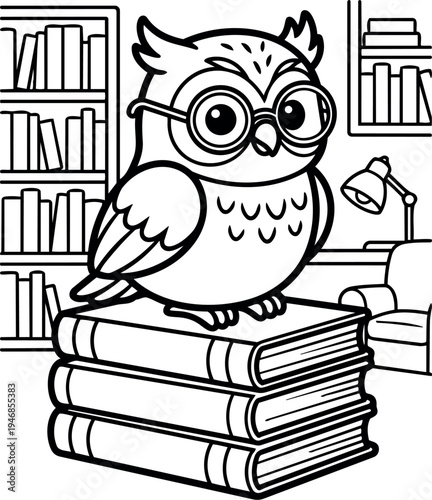 Black and white line art wise owl wearing glasses sitting on stack of books in cozy library room with lamp and bookshelves
