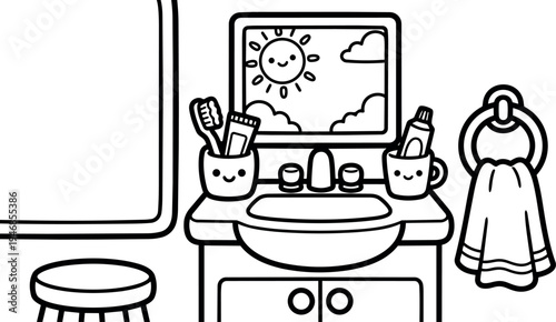 Cute line art bathroom scene with smiling toothpaste cups toothbrush towel hanging near sink under window with sunny sky