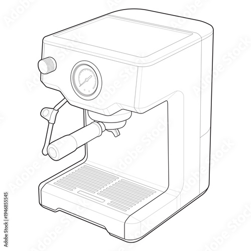 Isometric line illustration of an espresso coffee machine with portafilter and steam wand.