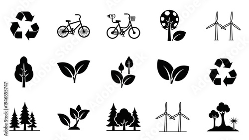 Vector Icon Sheet featuring Eco Friendly Symbols and Sustainable Transport