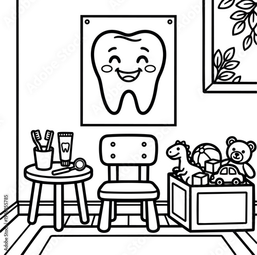 Black and white line art smiling tooth poster with dental tools and toys in waiting room chair and window view