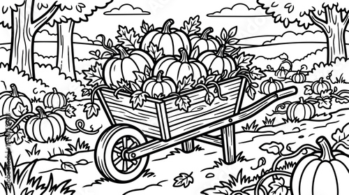 Black and white line art wheelbarrow full of pumpkins on a countryside pumpkin patch with trees and hills background