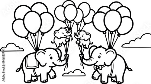 Cute cartoon elephants holding bunches of balloons with baby elephants floating in the sky in simple line art style