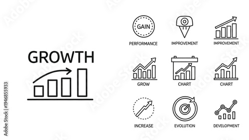 Vector icon sheet depicts business growth with various statistical symbols.
