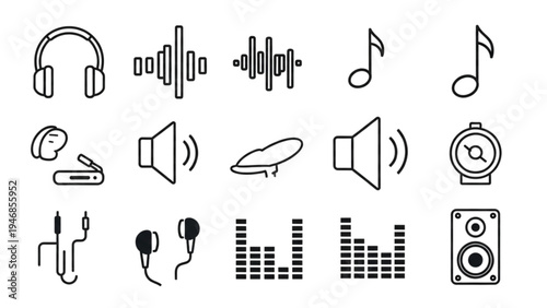 Vector icon sheet of various audio equipment and music symbols
