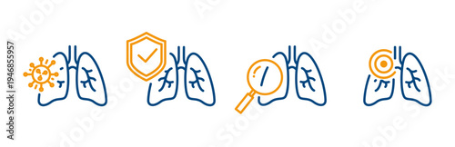 lungs icon set, outline icons of human lungs with shield, pneumonia, infection bacteria, magnifier looking on lung, editable web symbols