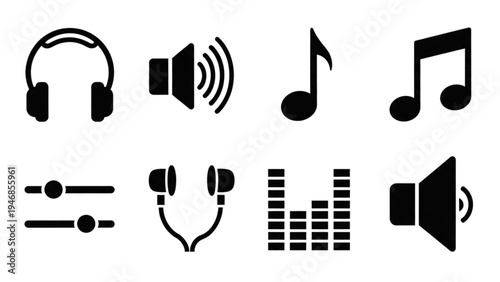 Vector icon sheet of music symbols and audio equipment