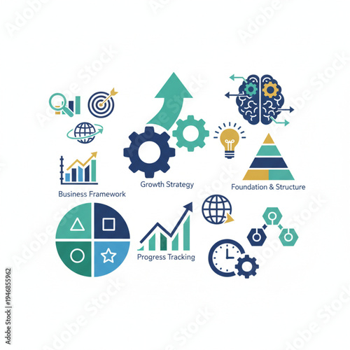 Business Growth Strategy, Foundation, and Progress Tracking Icons