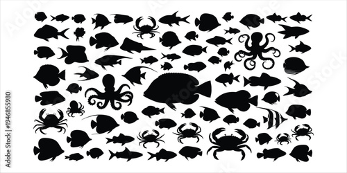 Collection of black sea creature silhouettes