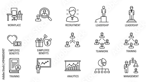 Vector Icon Sheet depicting Business and Leadership Concepts for Workplace