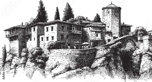 Meteora, Greece illustration on a white background. This vector illustration can be used in any size you like for advertising, logos, and other work.
