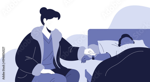 Caring person checking on sick loved one in bed, measuring temperature, home healthcare concept