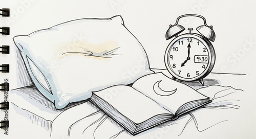 Sketch of a pillow alarm clock and open book on a bed.
