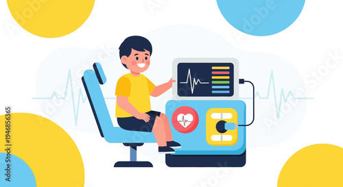 Child Patient Undergoing Medical Examination with ECG Machine in Clinic