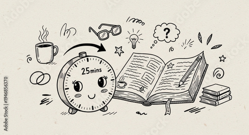 Cute alarm clock with happy face next to open book and coffee cup.