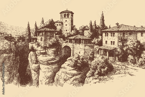 Meteora, Greece illustration in a vintage style. This vector illustration can be used in any size you like for advertising, logos, and other work.
