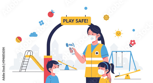 Child health check at playground entrance, temperature screening for safety