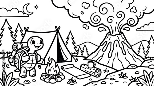 Smiling turtle backpacker near campfire with tent and steaming erupting volcano under crescent moon night in forest