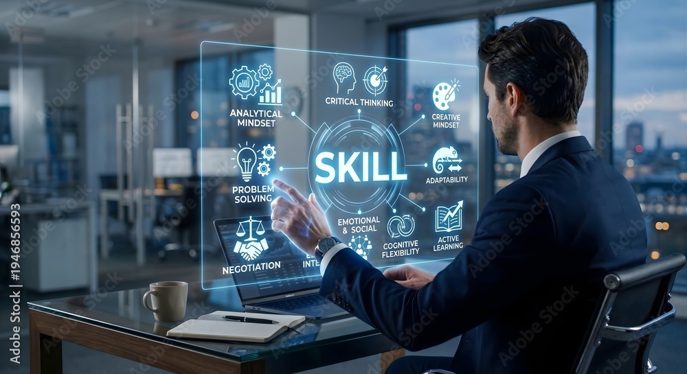Fototapeta premium Corporate professional sitting at glass desk interacting with holographic skill assessment display featuring analytical mindset and problem solving icons against nighttime city office backdrop view