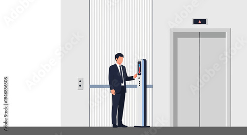 Businessman uses modern access control system at elevator entrance in office building
