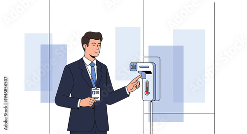 Businessman using contactless thermometer and hand sanitizer dispenser at office entrance