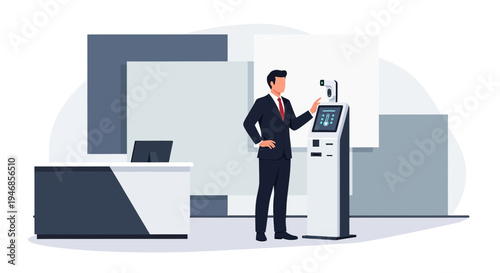 Businessman using facial recognition kiosk for access control and security in modern office lobby