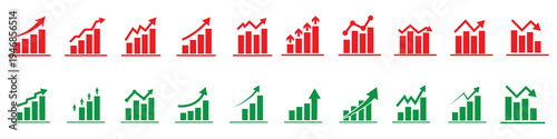 Growth icon set with arrows up and growing charts. Showing business performance, gain, improvement and development. Vector illustration isolated on transparent background