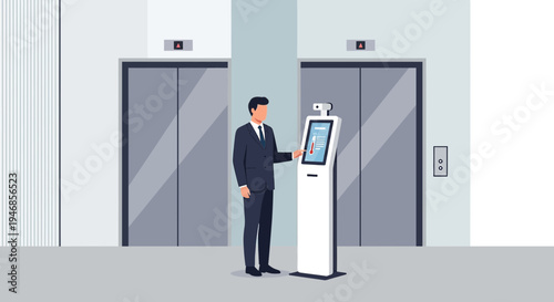 Businessman using interactive kiosk for building access near elevators