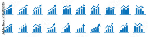 Growth icon set. Containing arrow up, growing graph, business chart icons. Vector illustration.