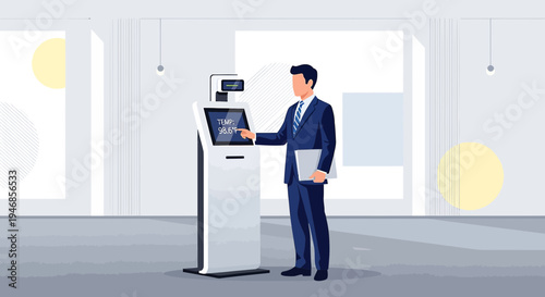Businessman using interactive kiosk for information and services in modern office lobby