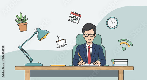 Businessman working at desk with office supplies, calendar, coffee, and plant