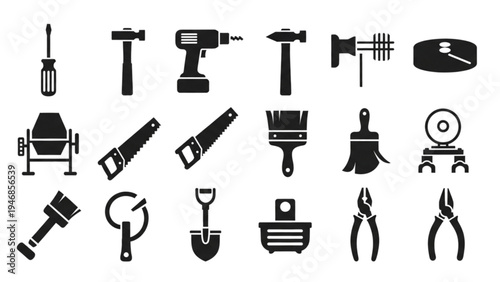 Vector icon sheet of various tools and equipment for construction and DIY projects