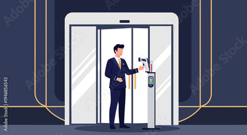 Businessman using thermal scanner at elevator entrance for health check