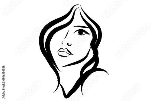 Ink Minimalist Woman Portrait. Contour Female Character. Abstract Young Beautiful Girl Face Tattoo Illustration. Contrast Line Contour Drawn Person Icon.  Beauty or Spa Salon Logo symbol.