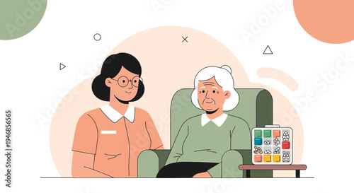 Caregiver assisting elderly woman with medication reminder chart at home