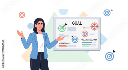 Businesswoman presenting goals and targets on a digital board with charts and bullseyes