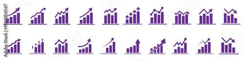 Growth icon set with arrows up and growing charts. Showing business performance, gain, improvement and development. Vector illustration isolated on transparent background