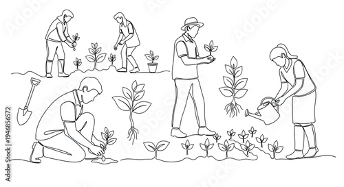 A set of line drawings depicting people planting and watering trees isolated on a transparent background. The idea is for eco-gardening and environmental conservation, for Earth Day.