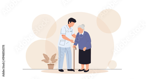 Caregiver assisting elderly woman with walking cane, home care support, senior health, and independence