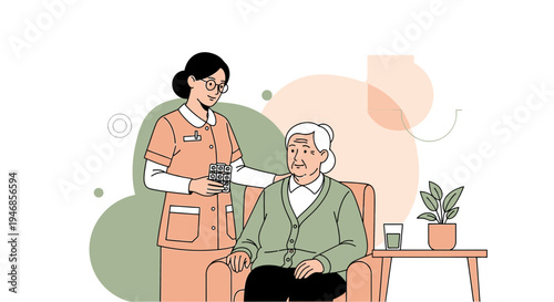 Caring nurse assisting elderly woman with medication at home, healthcare concept