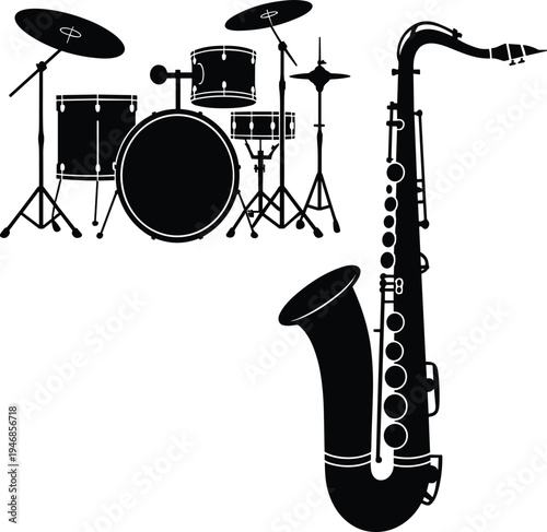 Black and white drum set and saxophone musical instruments jazz de