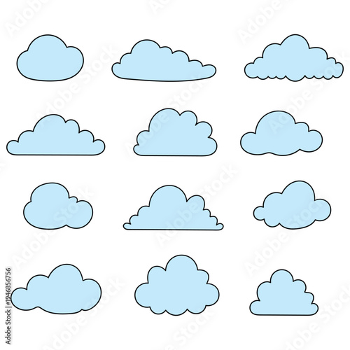 Hand-drawn cartoon set of blue clouds on a white background.