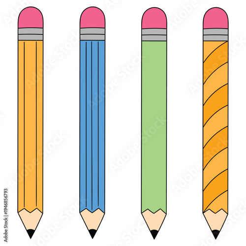 Hand-drawn cartoon set of pencils with erasers on a white background.