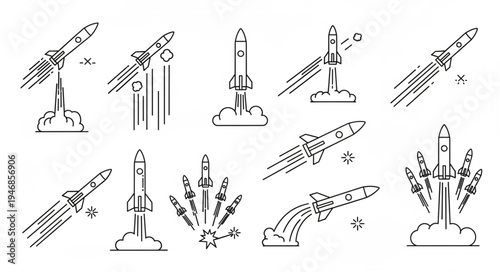 Collection of rocket launch illustrations in sketch style.