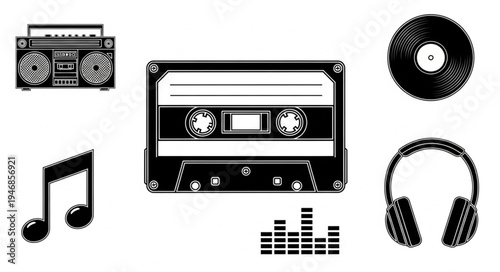 Retro music icons including cassette tape and boombox.