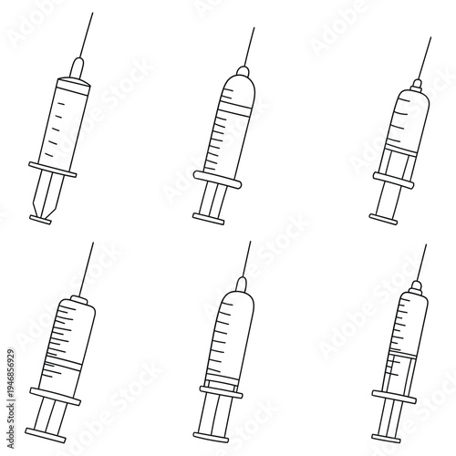 Hand-drawn doodle set of syringes on a white background.