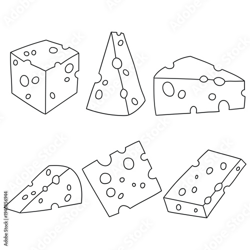 Hand-drawn doodle set of slices of cheese on a white background.