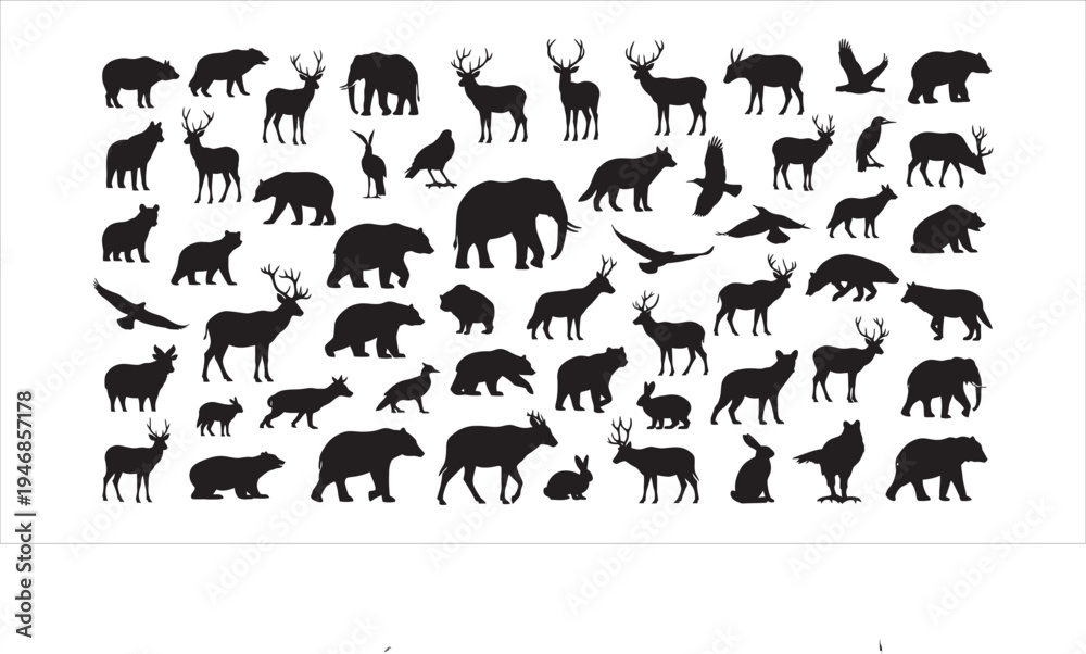 Fototapeta premium Collection of black animal silhouettes on white background
